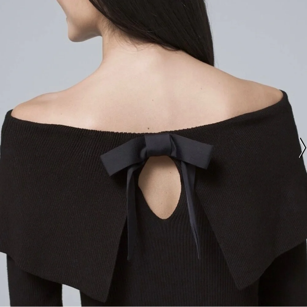White House Black Market Bow Back Sweater Black Long Sleeve Keyhole Sz S - Picture 2 of 12